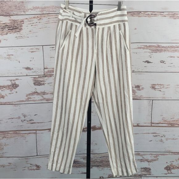 Anthropologie oasis striped linen pants cream tan cropped Size 6 - Picture 1 of 11